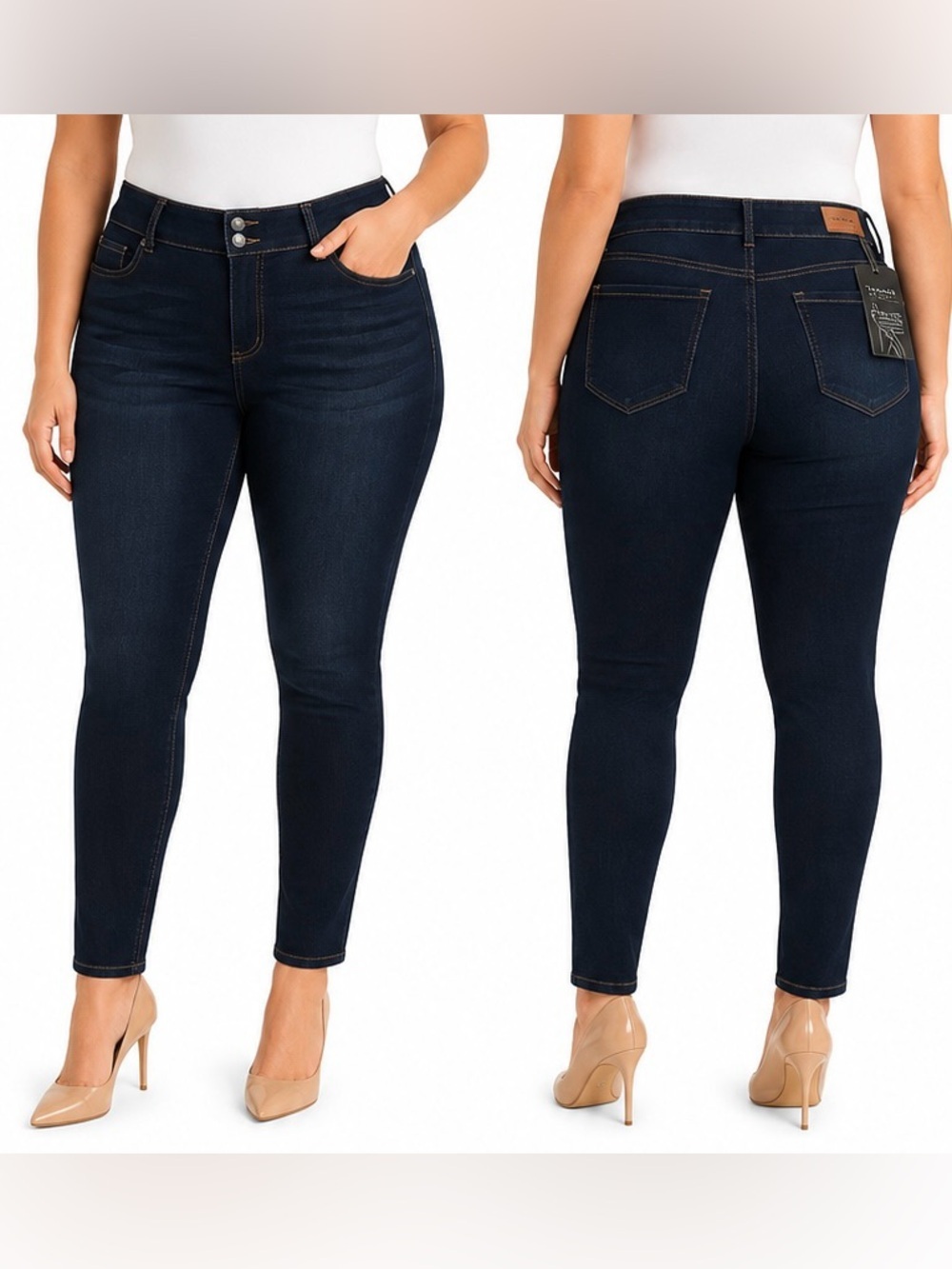 NWT Tahari Comfort Luxe Charlotte Double Button Skinny Jeans 14W Dark Wash